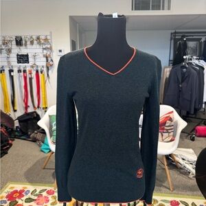 Essex Classics Dark Teal V-Neck Sweater with Orange Trim